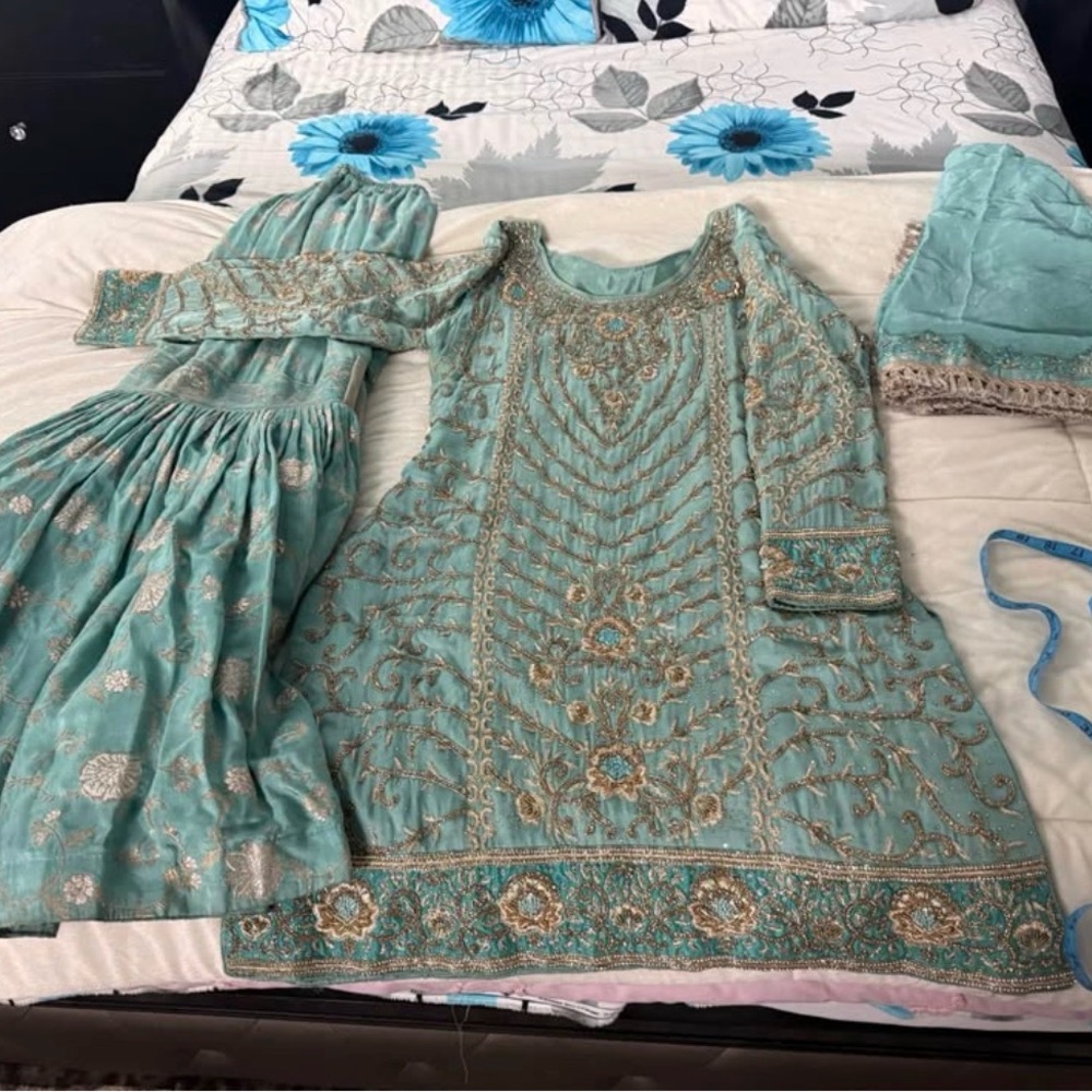 Girls' Embroidered Teal Dress with Dupatta